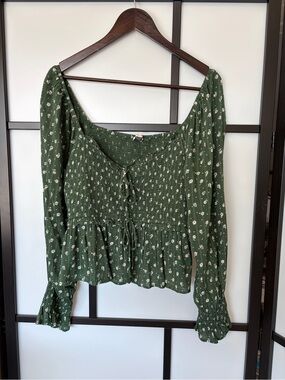 Green Floral Peasant Top with Tie Front